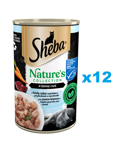 SHEBA 12x400 g Nature's Collection drėgnas visavertis ėdalas suaugusioms katėms su balta žuvimi ir kepenėlėmis su morkų garnyru terinoje