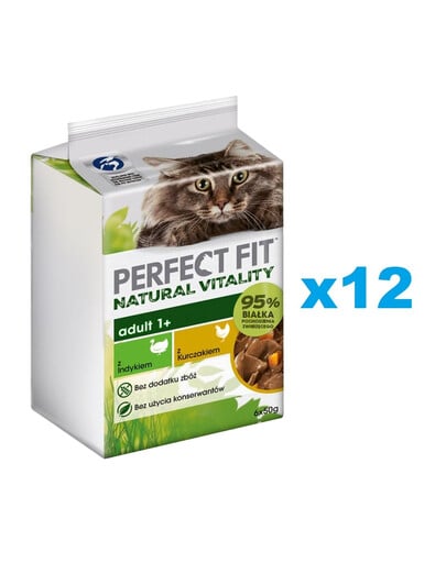 PERFECT FIT Natural Vitality 72x50 g visavertis drėgnas ėdalas suaugusioms katėms po kastracijos su kalakutienos ir vištienos padažu