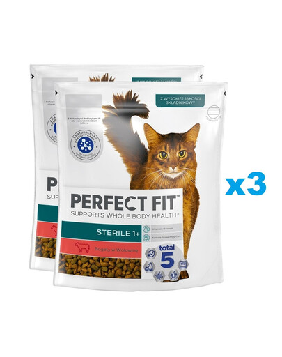 PERFECT FIT Sterile 1+ 6x750 g sausas visavertis kačių ėdalas su daug jautienos