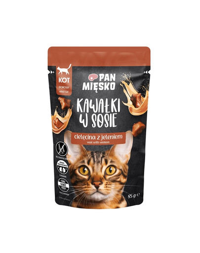 PAN MIĘSKO Gabalėliai padaže Veršienos su elniena drėgnas kačių ėdalas 85 g