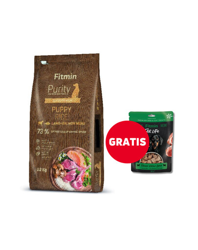 FITMIN Dog Purity rice puppy lamb & salmon 12 kg + liofilizuotas skanėstas NEMOKAMAI
