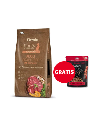 FITMIN Dog Purity Grain free adult beef 12 kg + liofilizuotas skanėstas NEMOKAMAI