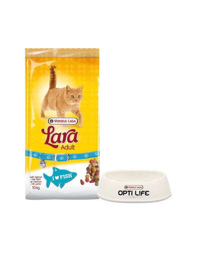 VERSELE-LAGA Lara suaugusiems katėms su lašiša 10 kg + Plastikinis dubenėlis katėms DOVANŲ