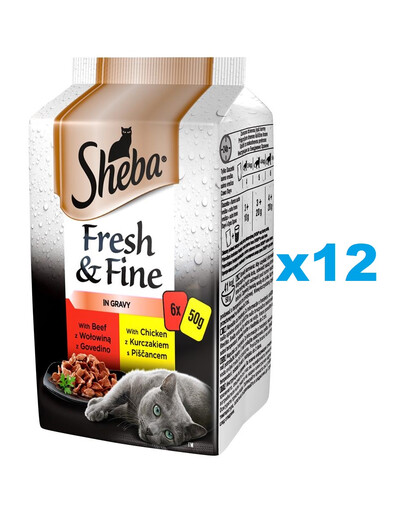 SHEBA saszetka 72x50g Fresh & Fine mokra karma pełnoporcjowa dla dorosłych kotów w sosie z wołowiną, z kurczakiem