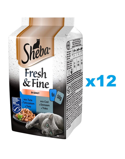 SHEBA saszetka 72x50 g Fresh & Fine mokra pełnoporcjowa karma dla dorosłych kotów w sosie z tuńczykiem, z dorszem