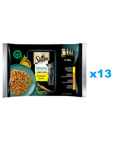 SHEBA Nature’s Collection Drobiowe Smaki 52x85 g mokra karma pełnoporcjowa dla dorosłych kotów, w galaretce kawałki z: kurczakiem, indykiem, kaczką