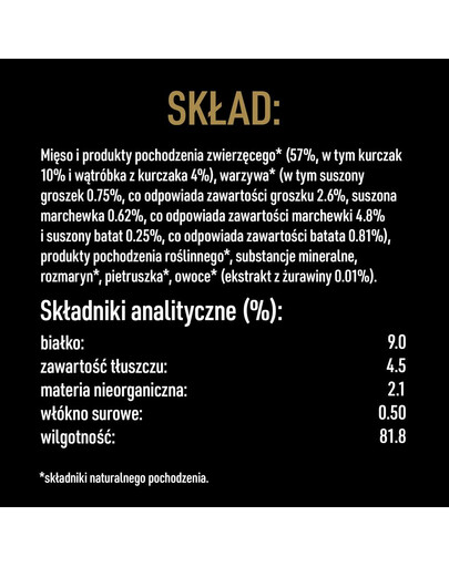 puszka 400g - mokra karma pełnoporcjowa dla dorosłych psów bogata w kurczaka, przybrana batatem, groszkiem i żurawiną