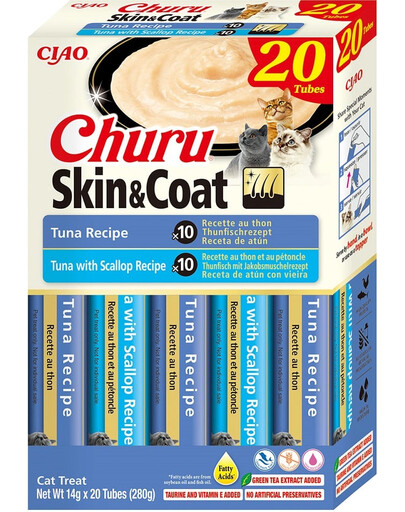 INABA Churu Cat Skin Coat 20x14g tuno, tuno ir šukučių kreminis skanėstas katėms