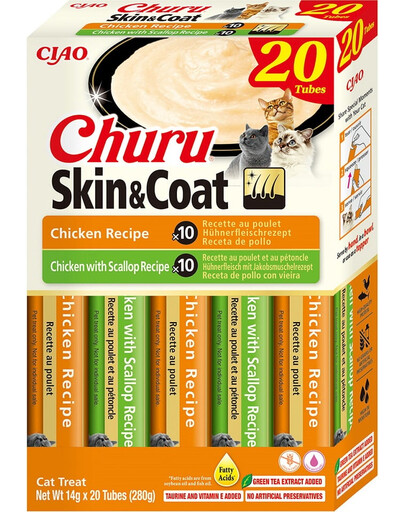 INABA Churu Cat Skin Coat 20x14g vištienos, vištienos ir šukučių kreminis skanėstas katėms