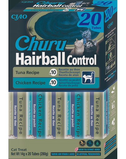 INABA Churu Cat Hairball 20x14g tuno ir vištienos kreminis skanėstas katėms