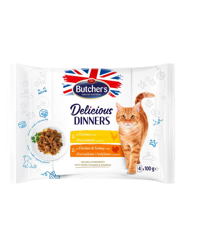 Delicious Dinners kawałki w galaretce dla dorosłych kotów 4x100g z kurczakiem, z kurczakiem i indykiem