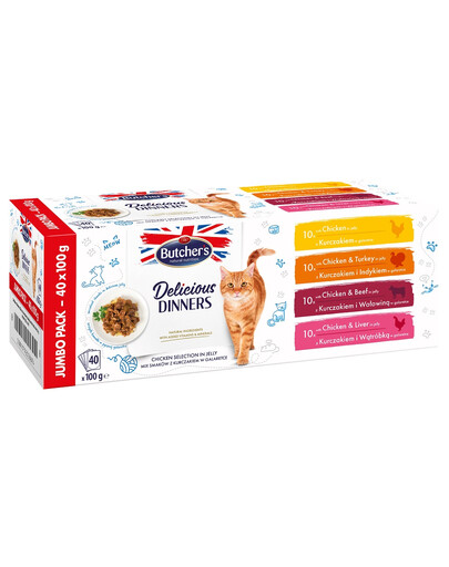 Delicious Dinners Jumbo Pack w galaretce dla dorosłych kotów 40x100g Mix smaków dania z kurczakiem