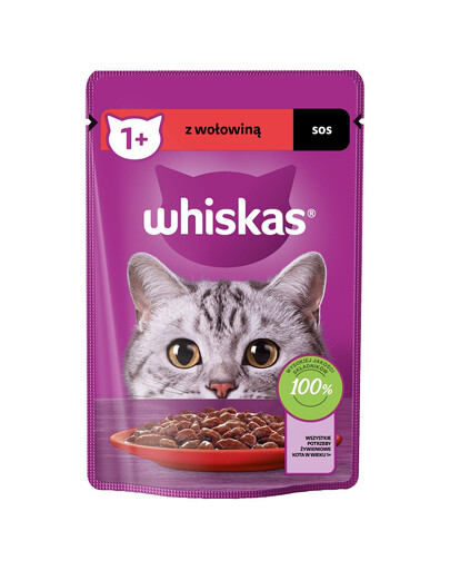 WHISKAS Adult paketėlis 85g drėgno kačių ėdalo su jautienos padažu suaugusioms katėms