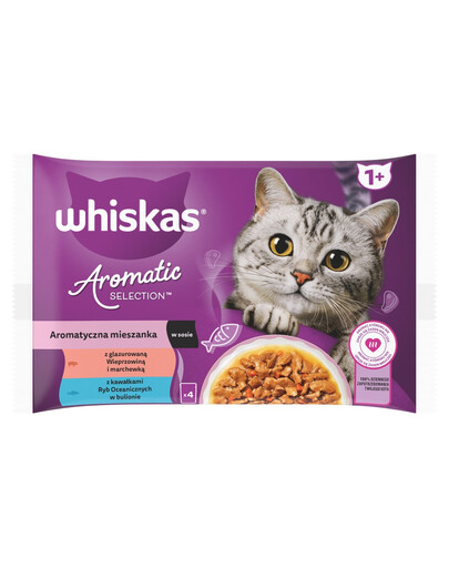 WHISKAS Adult Aromatic Mix maišeliai 4x85 g pilnavertis šlapias maistas suaugusiems katėms, padaže su gabaliukais: glazūruota kiauliena ir morkos, su jūros žuvies gabaliukais sultinyje