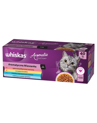 WHISKAS Adult Aromatic Mixture Sachets 40x85g drėgnas visavertis pašaras suaugusioms katėms su glazūruota kiauliena ir morkomis, sultinga vištiena, sultinyje esančiais vandenyno žuvies gabalėliais, švelnia lašiša ir žirneliais