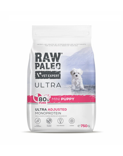 RAW PALEO Ultra Pork Mini Puppy 750 g – sausas pašaras su kiauliena mažų veislių šuniukams