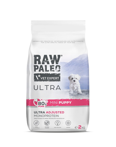 RAW PALEO Ultra Pork Mini Puppy 2 kg – sausas pašaras su kiauliena mažų veislių šuniukams