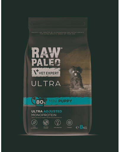RAW PALEO Ultra Pork Mini Puppy 8 kg – sausas pašaras su kiauliena mažų veislių šuniukams