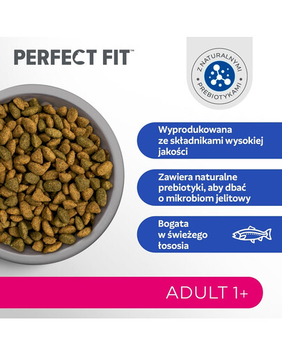 PERFECT FIT Adult 1+ 7 kg sausa visavertė maistas suaugusiems katėms, turintis šviežio lašišos