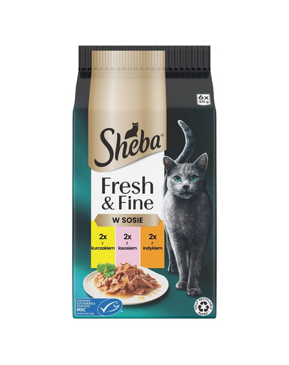SHEBA Fresh & Fine 6x50 g drėgnas kačių maistas su vištiena, lašiša, kalakutiena