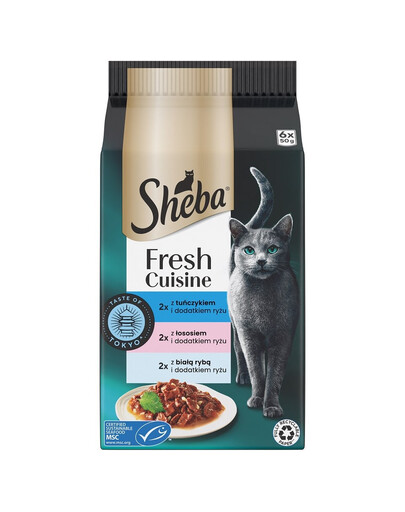 SHEBA Fresh Cuisine Taste of Tokyo 6x50g visavertis drėgnas ėdalas suaugusioms katėms su tunu, lašiša, balta žuvimi ir ryžiais