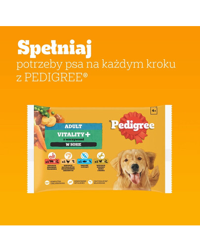 PEDIGREE Adult Vitality+ su daržovėmis 4x85 g drėgno visaverčio ėdalo suaugusiems šunims su jautiena ir kepenimis, morkomis ir žirneliais, vištiena ir bulvėmis, žuvimi ir morkomis, paukštiena, morkomis ir žirneliais padaže