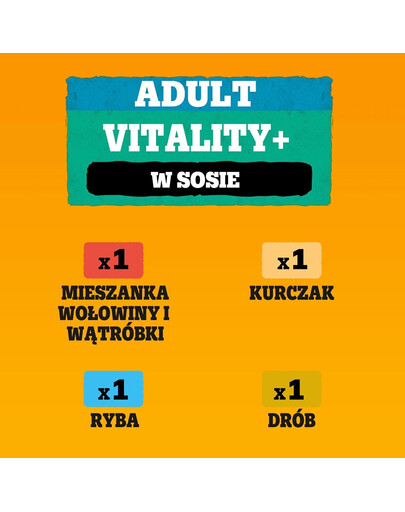 PEDIGREE Adult Vitality+ su daržovėmis 4x85 g drėgno visaverčio ėdalo suaugusiems šunims su jautiena ir kepenimis, morkomis ir žirneliais, vištiena ir bulvėmis, žuvimi ir morkomis, paukštiena, morkomis ir žirneliais padaže