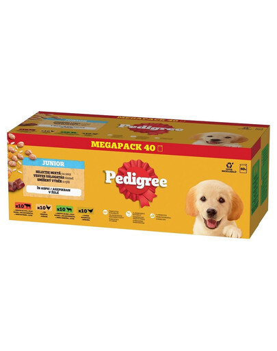 PEDIGREE Junior Choice of Flavours su ryžiais 40x100 g drėgno visaverčio šuniukų ėdalo su jautienos ir kepenų mišiniu ir ryžiais, su vištiena ir ryžiais, su ėrienos ir kepenų mišiniu ir ryžiais, su paukštiena ir ryžiais