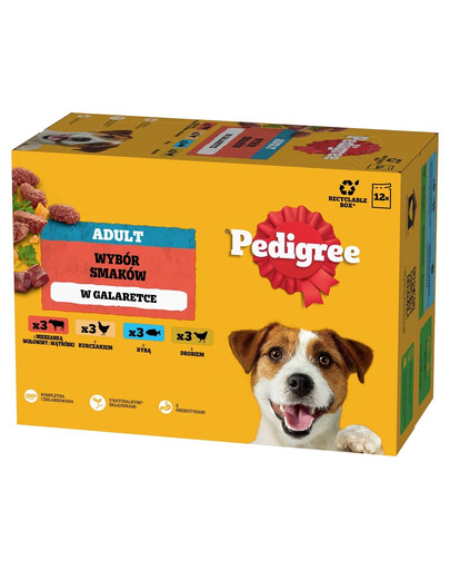 PEDIGREE Adult 12x100g drėgnas visavertis ėdalas suaugusiems šunims su jautienos ir kepenėlių mišiniu, vištiena, žuvimi, paukštiena drebučiuose.