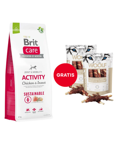 BRIT Care Dog Sustainable Activity Chicken & Insect šunims su vištiena ir vabzdžiais 12kg + WOOLF Chicken And Rawhide Twister 2 x 100g GRATIS