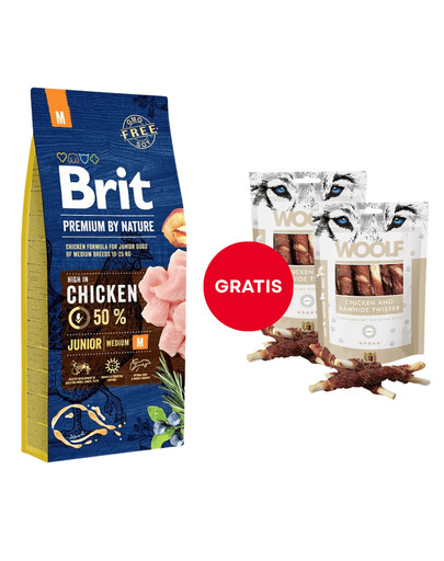 BRIT Premium By Nature Junior Medium M Chicken 15 kg + WOOLF Chicken And Rawhide Twister 2 x 100g  džiovinta oda, įvyniota į vištieną GRATIS