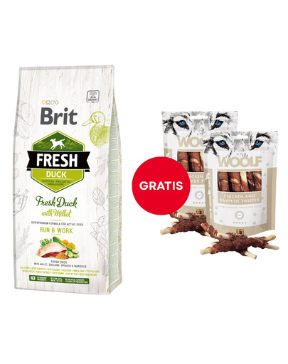 BRIT Fresh duck with millet active run & work 12 kg + WOOLF Chicken And Rawhide Twister 2 x 100g džiovinta oda, įvyniota į vištieną GRATIS