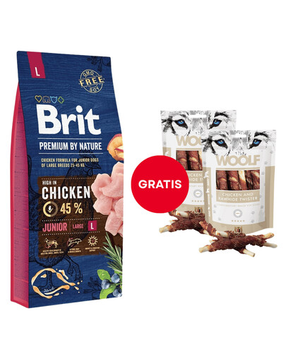 BRIT Premium By Nature Junior Large L Chicken 15 kg + WOOLF Chicken And Rawhide Twister 2 x 100g  džiovinta oda, įvyniota į vištieną GRATIS