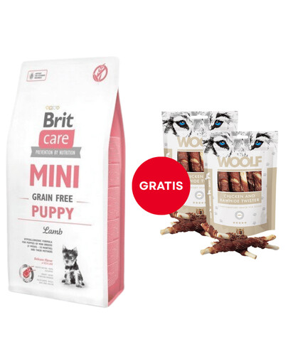 BRIT Care Mini Grain Free Mini Puppy lamb 7 kg + WOOLF Chicken And Rawhide Twister 2 x 100g su džiovinta oda, įvyniota į vištieną GRATIS