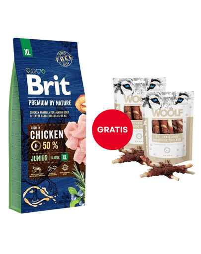 BRIT Premium By Nature Junior Extra Large XL Chicken 15 kg + WOOLF Chicken And Rawhide Twister 2 x 100g  džiovinta oda, įvyniota į vištieną GRATIS
