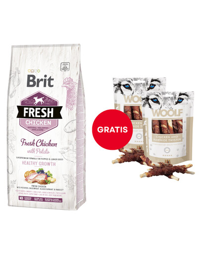 BRIT Fresh chicken with potato puppy healthy growth 12 kg + WOOLF Chicken And Rawhide Twister 2 x 100g džiovinta oda, įvyniota į vištieną GRATIS
