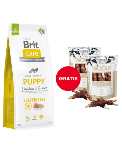 BRIT Care Sustainable Puppy su vištiena ir vabzdžiais 12 kg + WOOLF Chicken And Rawhide Twister 2 x 100g  džiovinta oda, įvyniota į vištieną GRATIS