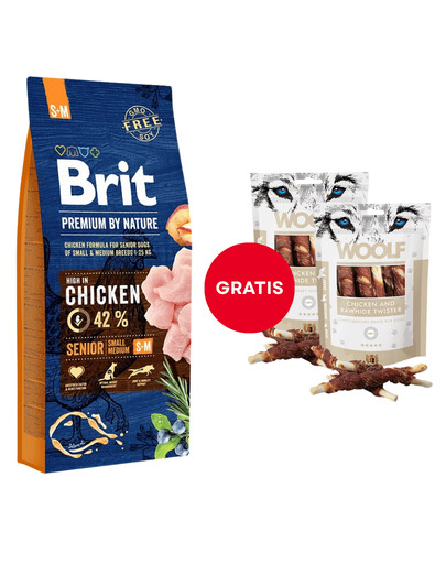 BRIT Premium By Nature Senior Small Medium S+M Chicken 15 kg + WOOLF Chicken And Rawhide Twister 2 x 100g  džiovinta oda, įvyniota į vištieną GRATIS
