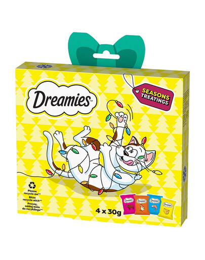 DREAMIES Dovanų rinkinys katėms 120 g papildomo jautienos, vištienos, sūrio ir lašišos skonio ėdalo suaugusioms katėms ir vyresniems nei 8 savaičių kačiukams
