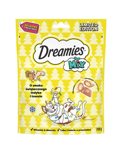DREAMIES Mix 200g Šventinis kalakutienos ir lašišos skonio papildomas ėdalas suaugusioms katėms ir vyresniems nei 8 savaičių kačiukams.