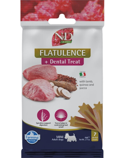 FARMINA N&D Quinoa Dental Treat Flatulence Mini 60 g (7 vnt.) dantų skanėstai mažų veislių šunims
