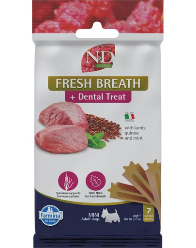 FARMINA N&D Quinoa Dental Treat Fresh breath Mini 60 g (7 vnt.) dantų skanėstai mažų veislių šunims