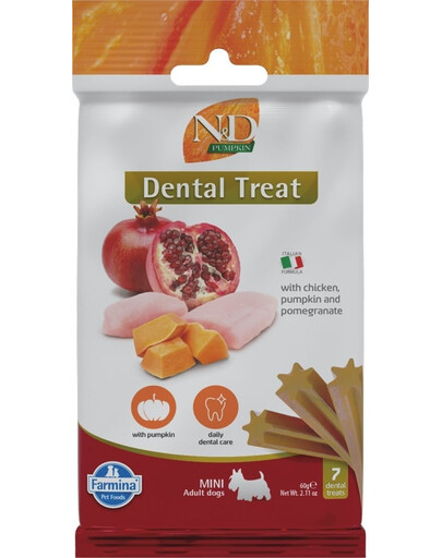 FARMINA N&D Pumpkin Dental Treat Chicken Pomegranate Mini 60 g (7 vnt.) dantų skanėstai mažų veislių šunims