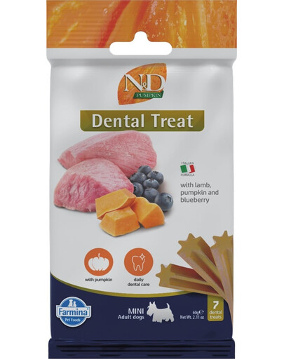 FARMINA N&D Pumpkin Dental Treat Lamb Blueberry Mini 60 g (7 vnt.) dantų skanėstai mažų veislių šunims