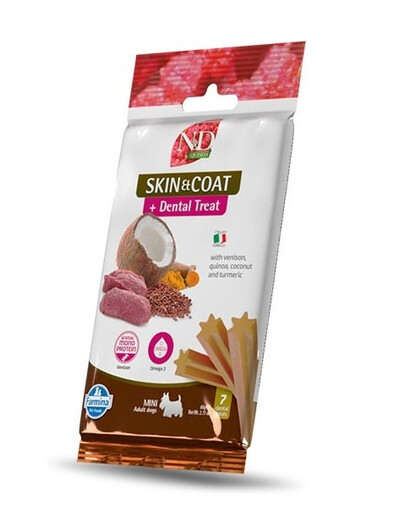 FARMINA N&D Quinoa Dental Treat Skin Coat Venison Mini 60 g (7 vnt.) dantų skanėstai mažų veislių šunims