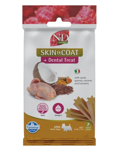 FARMINA N&D Quinoa Dental Treat Skin Coat Quail Mini 60 g (7 vnt.) dantų skanėstai mažų veislių šunims