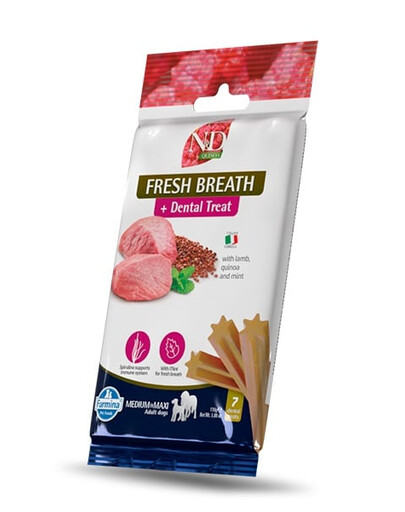 FARMINA N&D Quinoa Dental Treat Fresh breath Medium/Maxi 100 g (7 vnt.) dantų skanėstų vidutiniams ir dideliems šunims