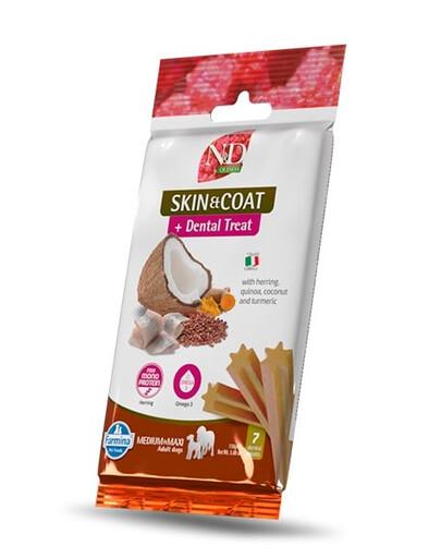 FARMINA N&D Quinoa Dental Treat Skin Coat Herring Medium/Maxi 100 g (7 vnt.) dantų skanėstų vidutiniams ir dideliems šunims