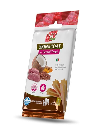 FARMINA N&D Quinoa Dental Treat Skin Coat Venison Medium/Maxi 100 g (7 vnt.) dantų skanėstų vidutiniams ir dideliems šunims