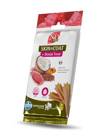 FARMINA N&D Quinoa Dental Treat Skin Coat Duck Medium/Maxi 100 g (7 vnt.) dantų skanėstų vidutiniams ir dideliems šunims